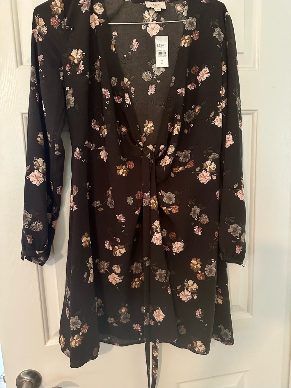 LOFT Black Floral Tie-Front Long Sleeve Dress with Pink and Gold Accents